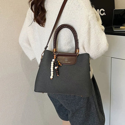 Dark Khaki Faux Leather Tote, Braided Handle & Wood Beads
