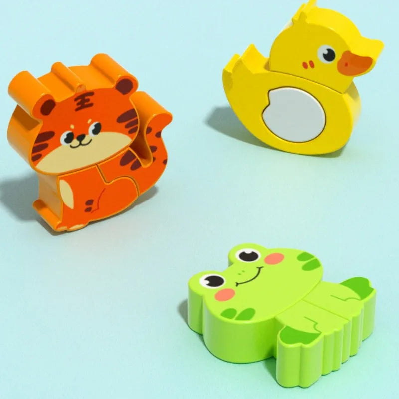 Four-in-one Wooden Toy, 3D Wooden Puzzle, Cartoon Animal, Cognitive Puzzle Early Learning and Educational Toy for Children, Gift