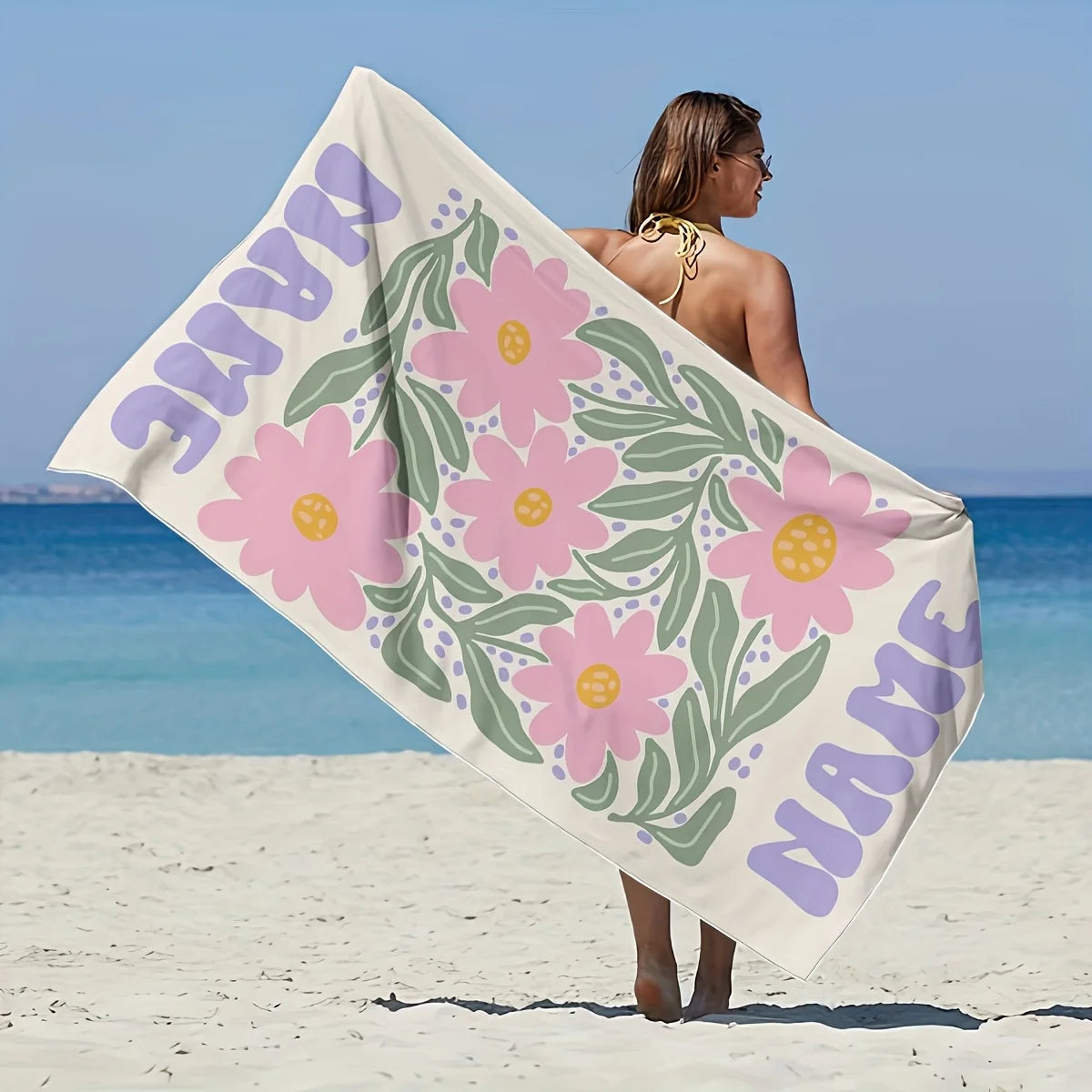 Personalized Flowers Beach Towel — Custom Name & Logo Gift