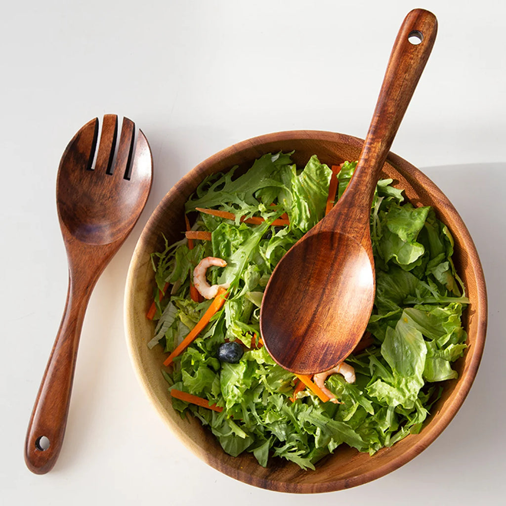 2Pcs Wooden Salad Servers Spoon Fork Set Long Handle Large Dinner Serving Cooking Untensils Cutlery Kitchen Tableware