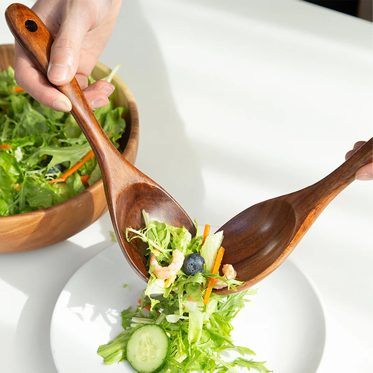 2Pcs Wooden Salad Servers Spoon Fork Set Long Handle Large Dinner Serving Cooking Untensils Cutlery Kitchen Tableware