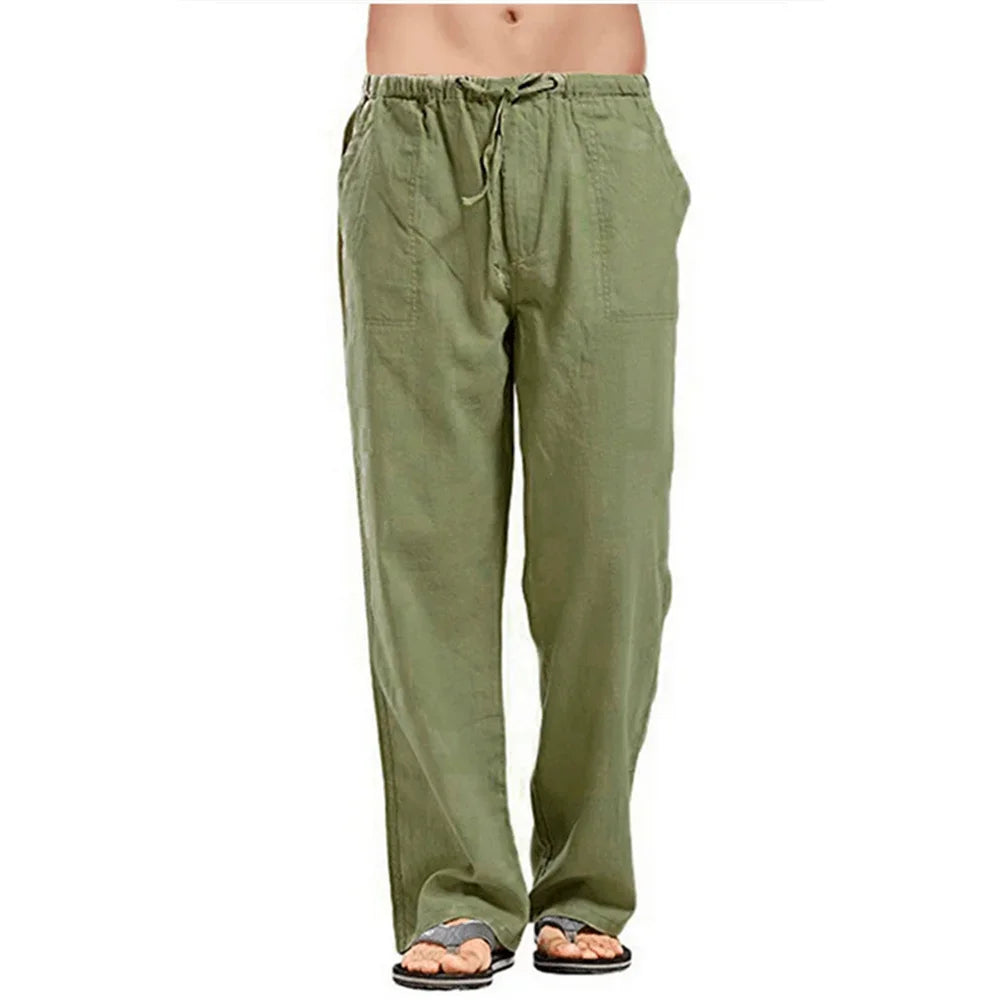 Men's Cotton Linen Pants — Solid Color Breathable Elastic Waist Casual Summer Trousers