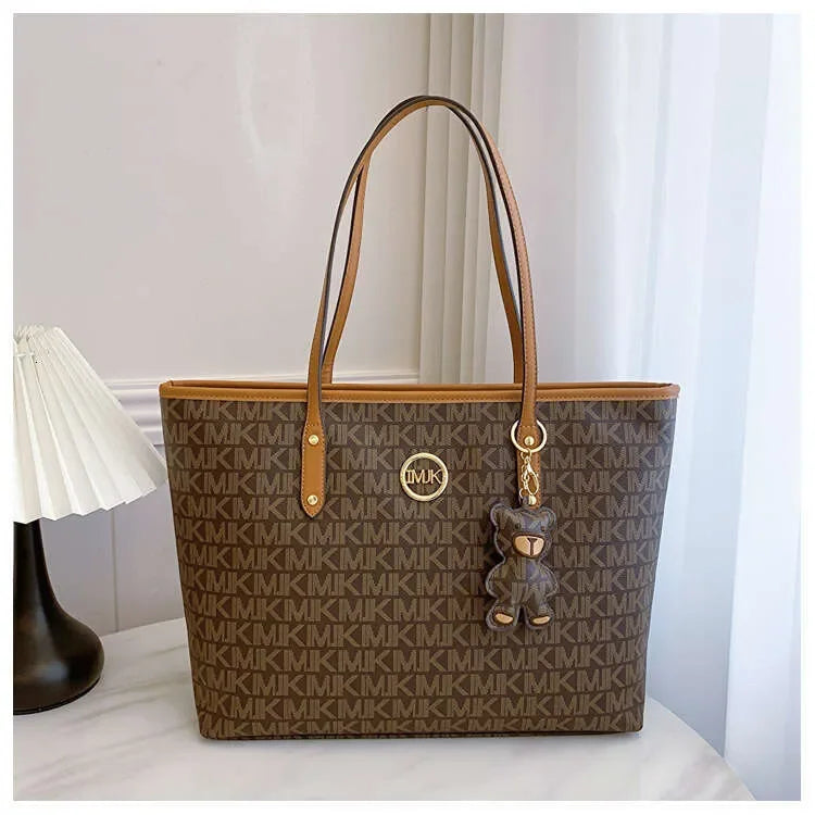 Letter-Print Tote with Cartoon Bear Charm