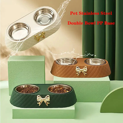 Bow-tie Ceramic Double Pet Bowl – Stainless Steel Food & Water Feeder for Dogs & Cats