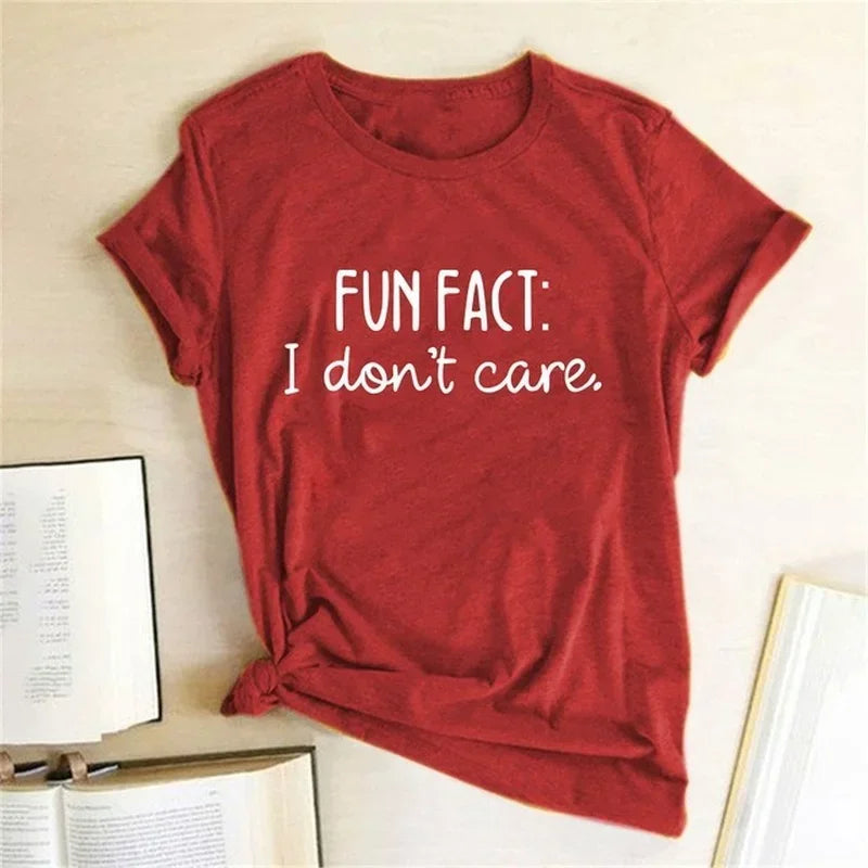 Women's FUN FACT I DON'T CARE Print T-Shirt — Short Sleeve Round Neck Casual Tee