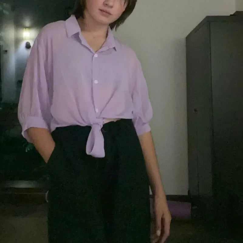 Women's Casual Hollow White Chiffon Shirt — Solid Tied Waist Bat Sleeve Blouse
