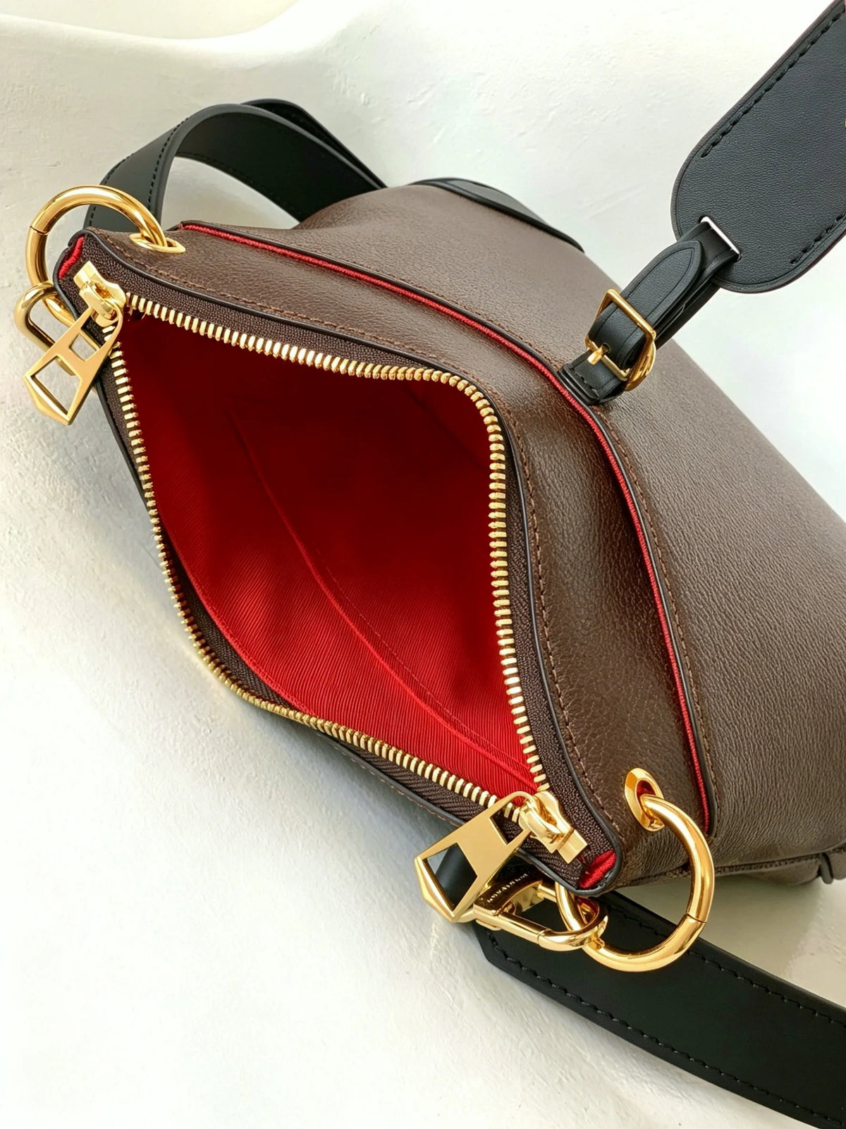 Brown Pebbled Leather Mini Bucket Bag, Black Trim