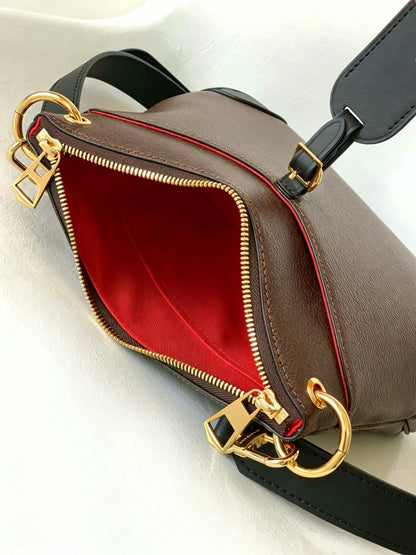 Brown Pebbled Leather Mini Bucket Bag, Black Trim