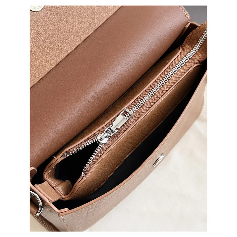 Nude Pebbled Leather Flap Crossbody, Minimalist Design