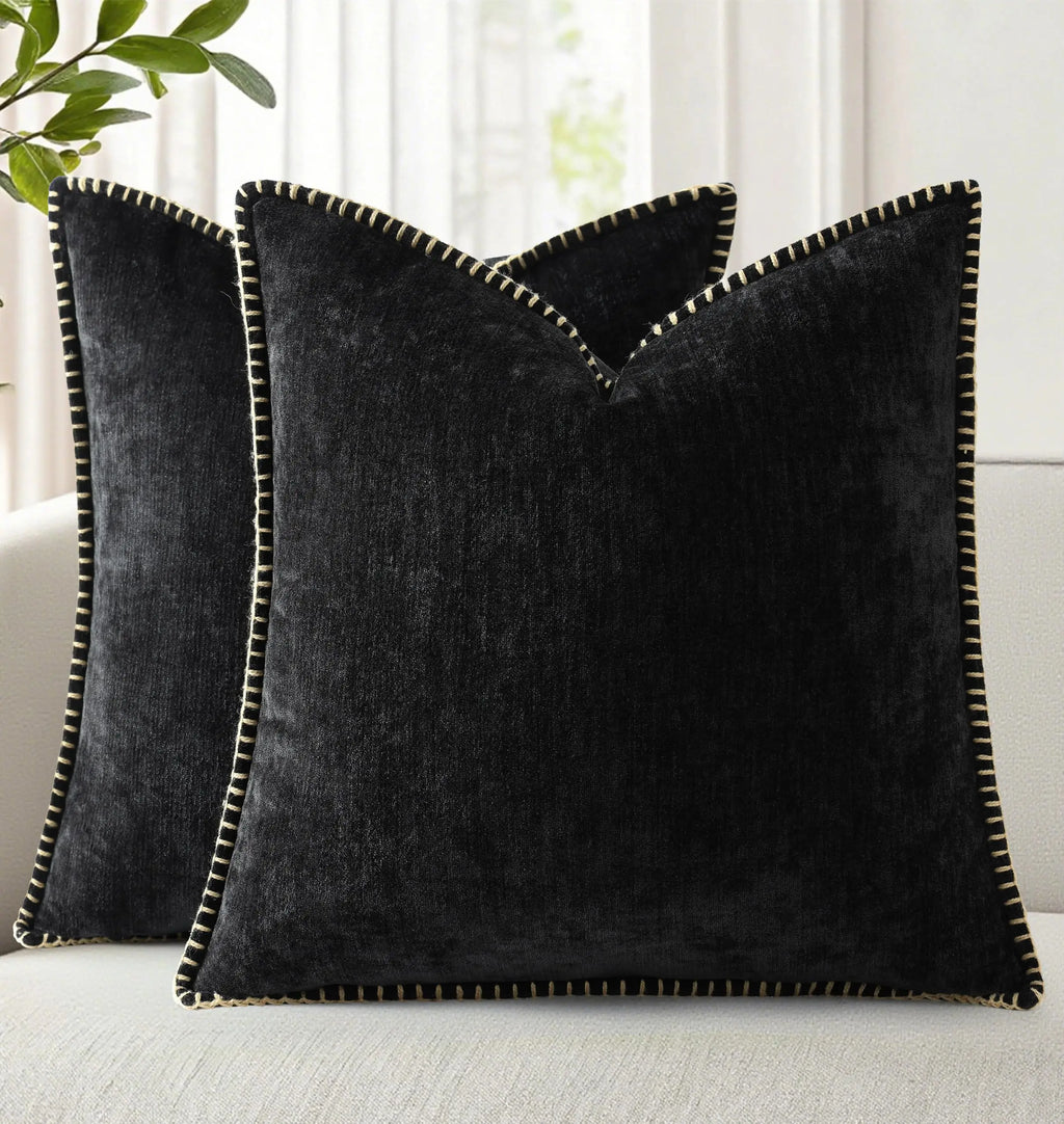 Black Chenille Cushion Cover with Stitched Edge