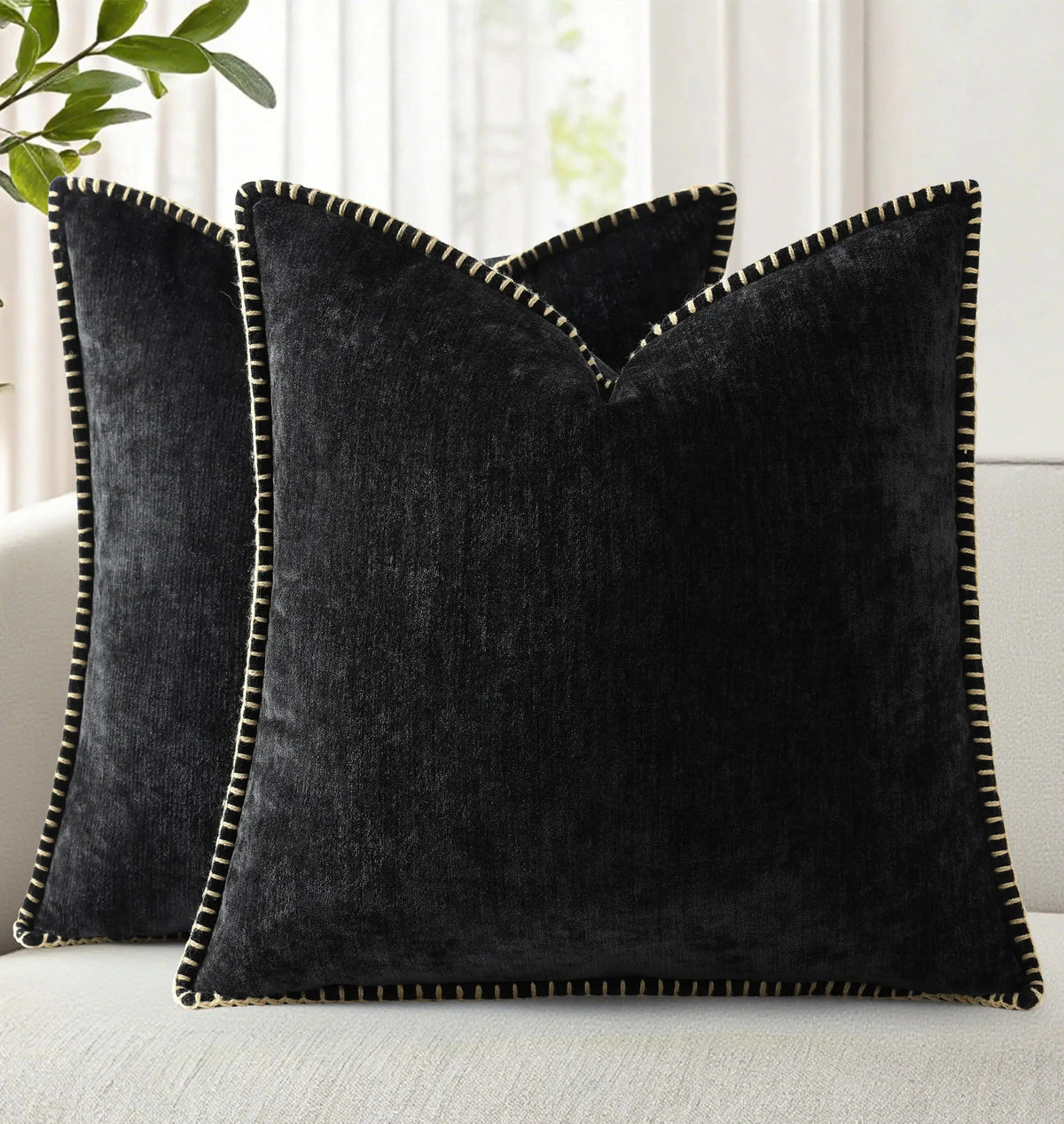Black Chenille Cushion Cover with Stitched Edge