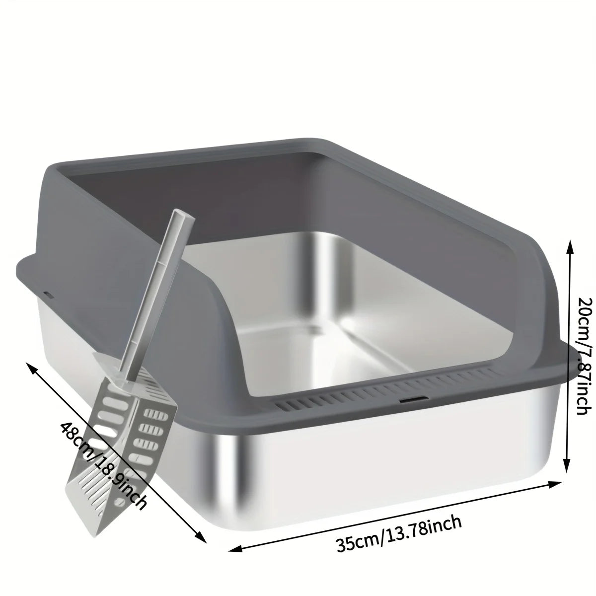 Stainless Steel Cat Litter Box with High Walls — Scoop & Metal Tray