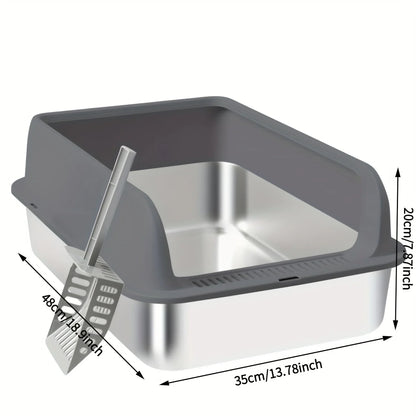 Stainless Steel Cat Litter Box with High Walls — Scoop & Metal Tray