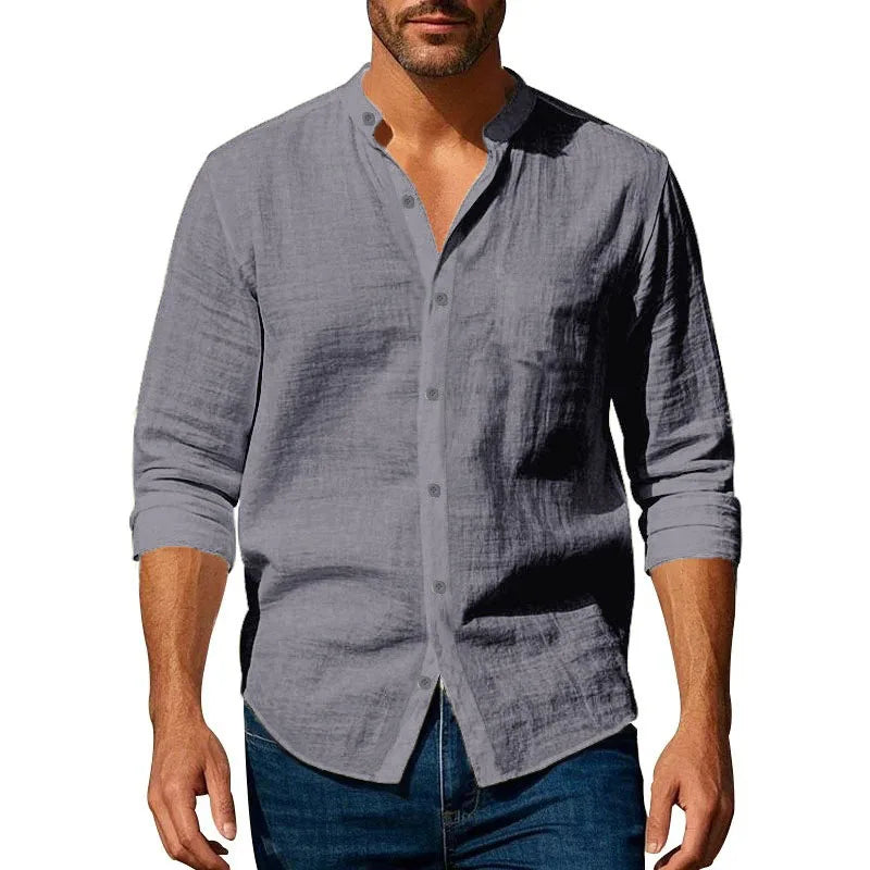 Men's Cotton Linen Henley Neck Slim Fit Shirt — Solid Color Breathable Long Sleeve Button Up