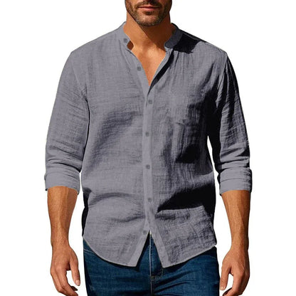 Men's Cotton Linen Henley Neck Slim Fit Shirt — Solid Color Breathable Long Sleeve Button Up