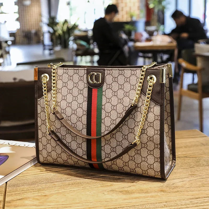 Floral Woven Tote Bag with Metal Chain Strap