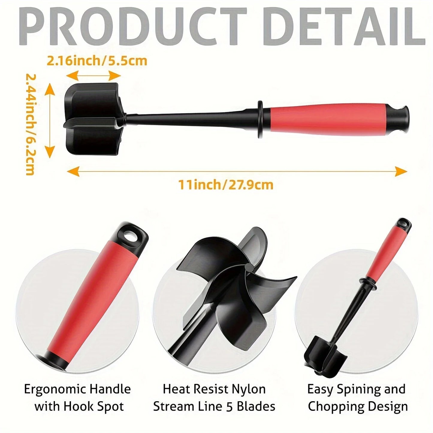 5-Blade Meat Chopper & Masher – Heavy Duty Non-Stick Ground Meat Tool for Burgers & Hash Browns