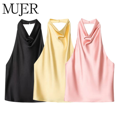 MUJER Women's Halter Satin Camisole Top — Off Shoulder Backless Summer Top