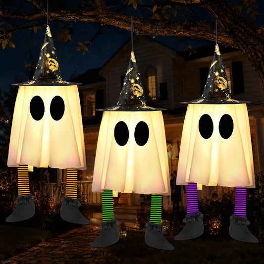 23.6'' 3Pcs Halloween Hanging Ghosts Decorations Outdoor, Warm Light Up Ghosts with Witch Hat & Timer, Flying Halloween Decorations for Yard Porch Lawn Party Supplies Tree Decor