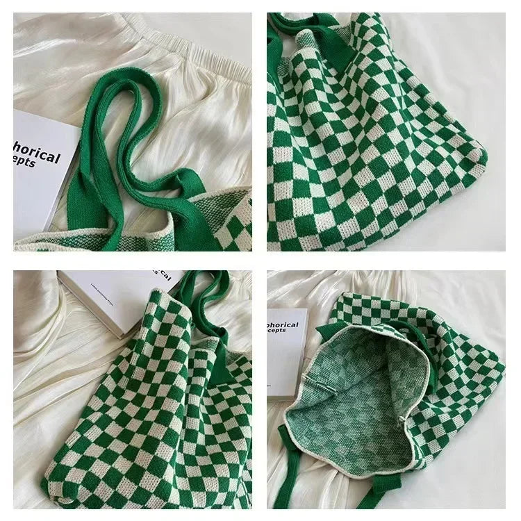 Plaid Wool Knitted Tote Bag, Color-Matched Design