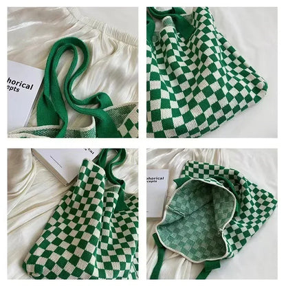 Plaid Wool Knitted Tote Bag, Color-Matched Design