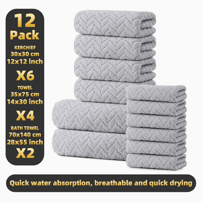 12-Piece Towel Set, 2 Bath Towels + 4 Hand Towels + 6 Face Towels, Soft