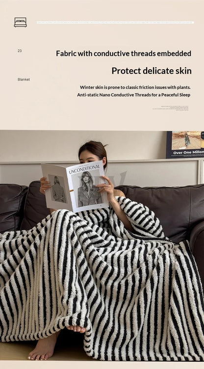 Imitation Rabbit Plush Striped Blanket Fluffy Soft Fleece Throw Blanket for Sofa Single Double Spring Autumn Warm Bed Blankets