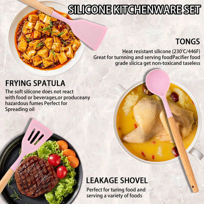 14-Piece Pink Silicone Kitchen Utensils Set with Wooden Handle, Cutting Board and Holder Rack
