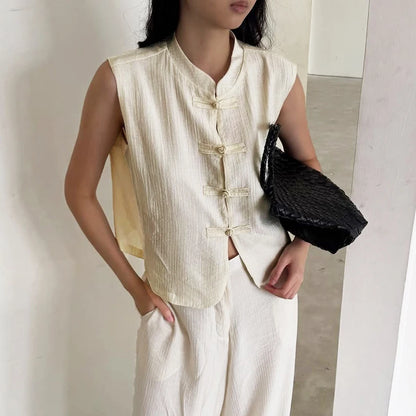 Linad Women's Vintage Chinese Knot Stand Collar Vest — Sleeveless Casual Tank Top