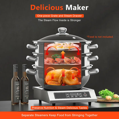 28cm 3-Tier Stainless Steel Steamer Pot with Glass Lid for Induction and Gas Stoves