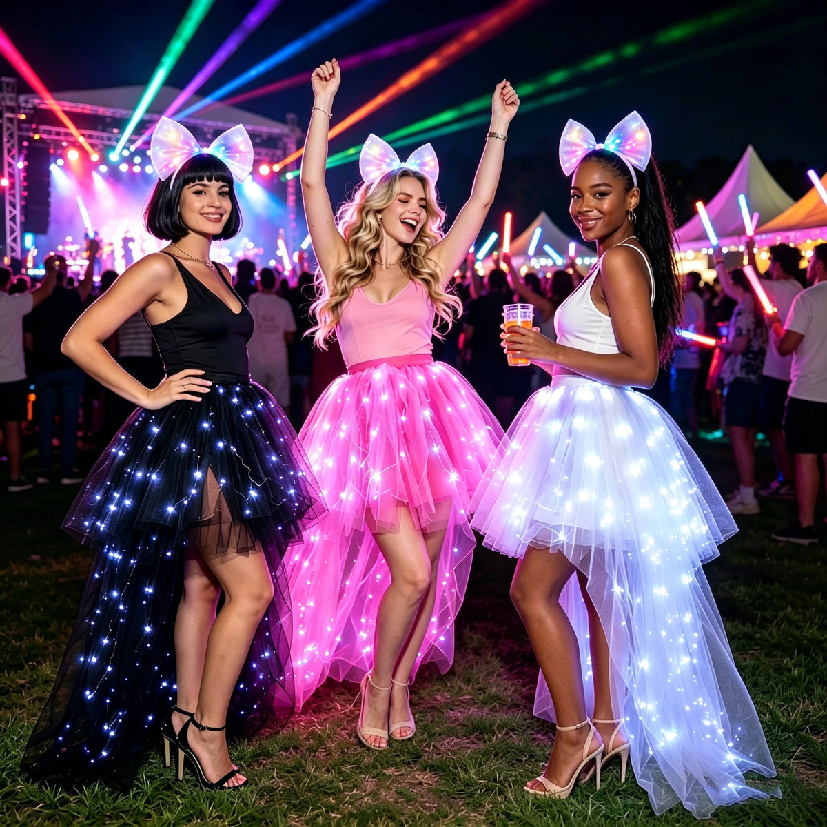 LED Light Up High Low Tulle Tutu Skirt Women Front Short Back Long Irregular Flowy Puffy Half Skirt for Halloween Carnival Night Club Party