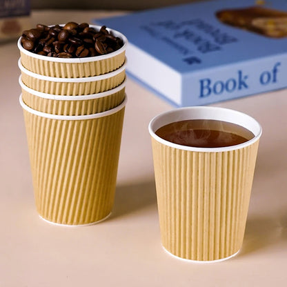 30-Pack Yellow Ripple Coffee Paper Cups 8oz | Disposable Hot & Cold Cups with Lids