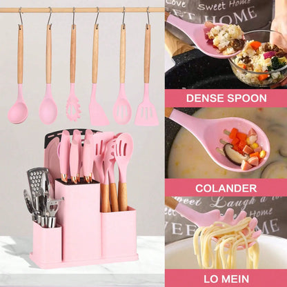 14-Piece Pink Silicone Kitchen Utensils Set with Wooden Handle, Cutting Board and Holder Rack