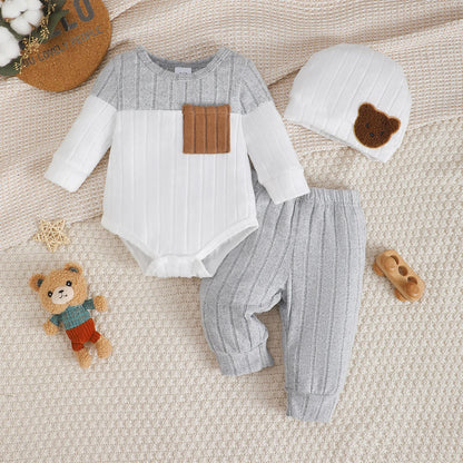3Pcs/Set of Newborn Baby Boy Color Blocked Long Sleeved Bodysuit+Pants+Cute Hat Set 0-18 Months Baby Boy Spring and Autumn Set