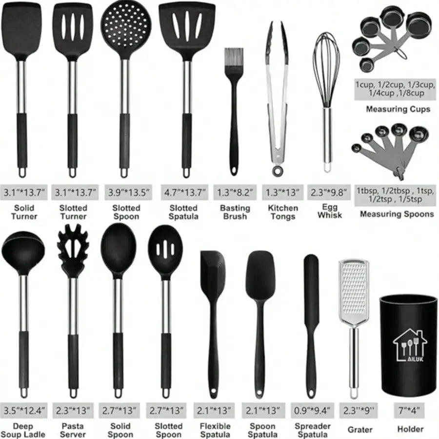 26-Piece Silicone Cooking Utensil Set with Stainless Steel Handles, Holder and Grater