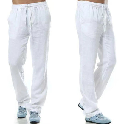 Men's Cotton Linen Pants — Breathable Solid Color Streetwear Trousers with Back Pocket