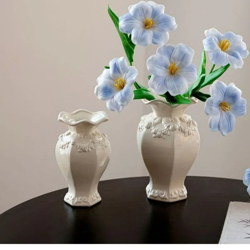 French Modern Ceramic Vase Living Room Hydroponic Flower Arranger Simple Embossed Vases Ornament Ваза Для Цветов Room Decor