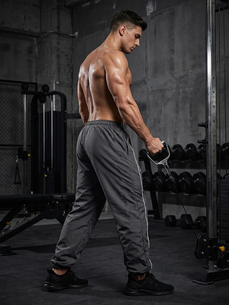 Men's Trendy Sporty Pants with Lines Gym Workout Running Trousers with Side Pockets Athletic Quick-Dry Breathable Sweatpants