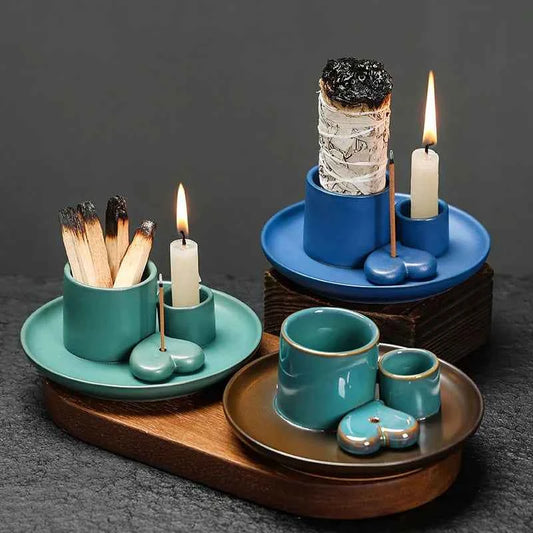 1pcs Ceramic Incense Burner Set - Multi-Functional Home Decor, 4-in-1 Incense Stick & Sage Burner, Palo Santo & Candle Holder