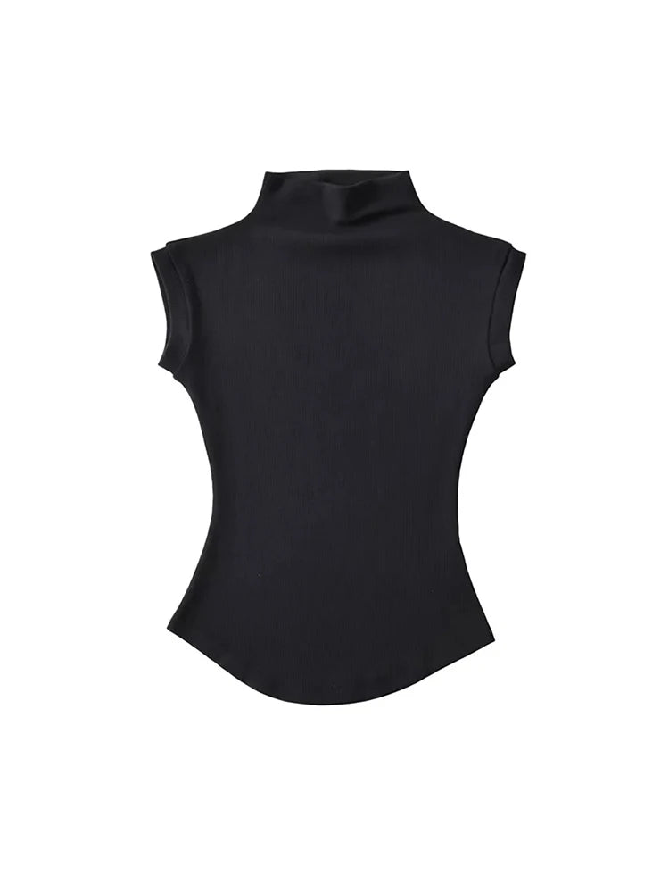 Women's Turtleneck Sleeveless T-Shirt — Solid Slim Fit Casual Streetwear Tee