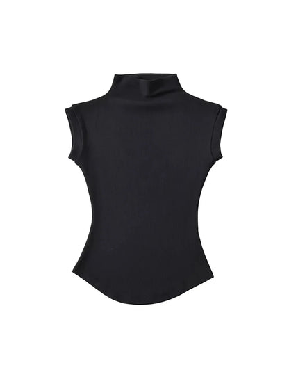 Women's Turtleneck Sleeveless T-Shirt — Solid Slim Fit Casual Streetwear Tee