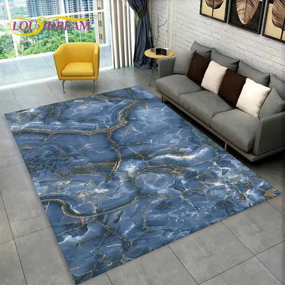 Nordic Blue Golden Colour Marble Geometric Area Rug,Carpet Rug for Living Room Bedroom Sofa Doormat Decor,Kid Non-slip Floor Mat