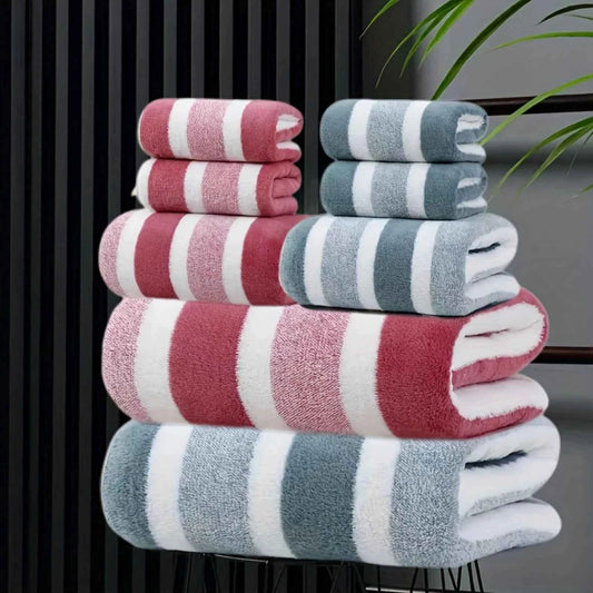 8pcs of Towel Set - Non-Hair-Free Super Absorbent and Ultra-Soft Five-Star Hotel Standard Two-Color Striped Bath Towel Towel Set