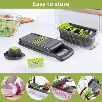 Multifunctional Vegetable Chopper and Food Slicer, 14-in-1 with Handle and Grater Set