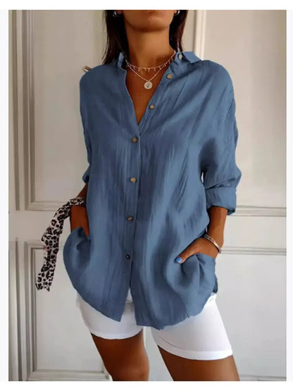 Women's Lapel Long Sleeve Solid Shirt — Casual Single Breasted Blouse Top