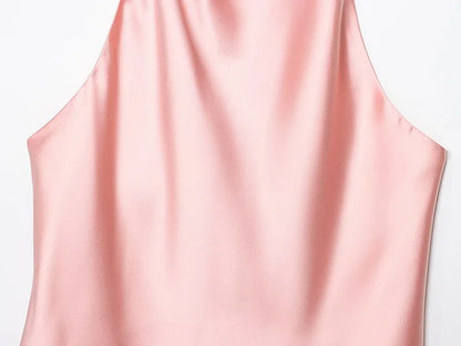MUJER Women's Halter Satin Camisole Top — Off Shoulder Backless Summer Top