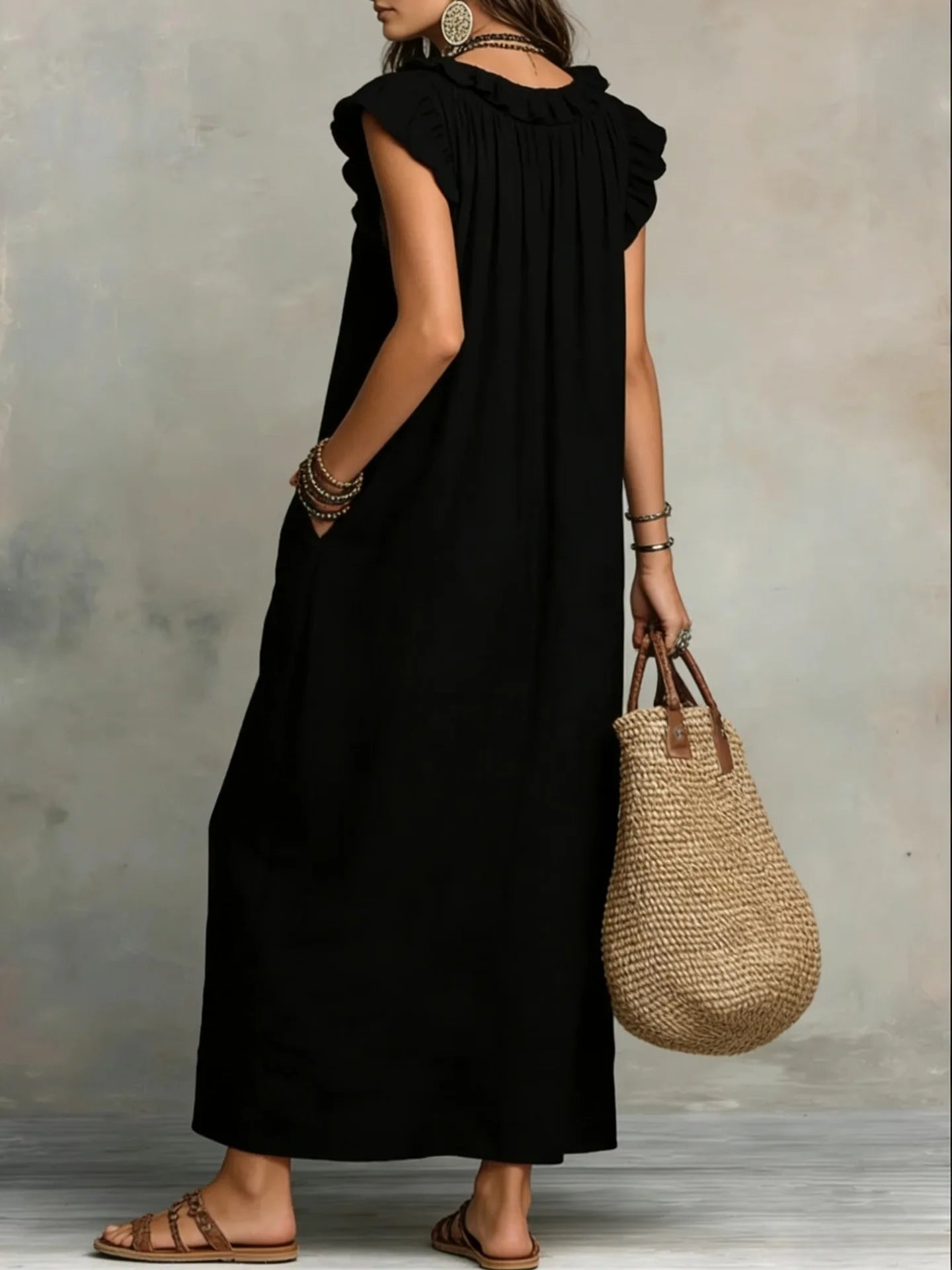 Women's Bohemian Ruffle Linen Maxi Dress — V-Neck Sleeveless Beach Dress with Pockets