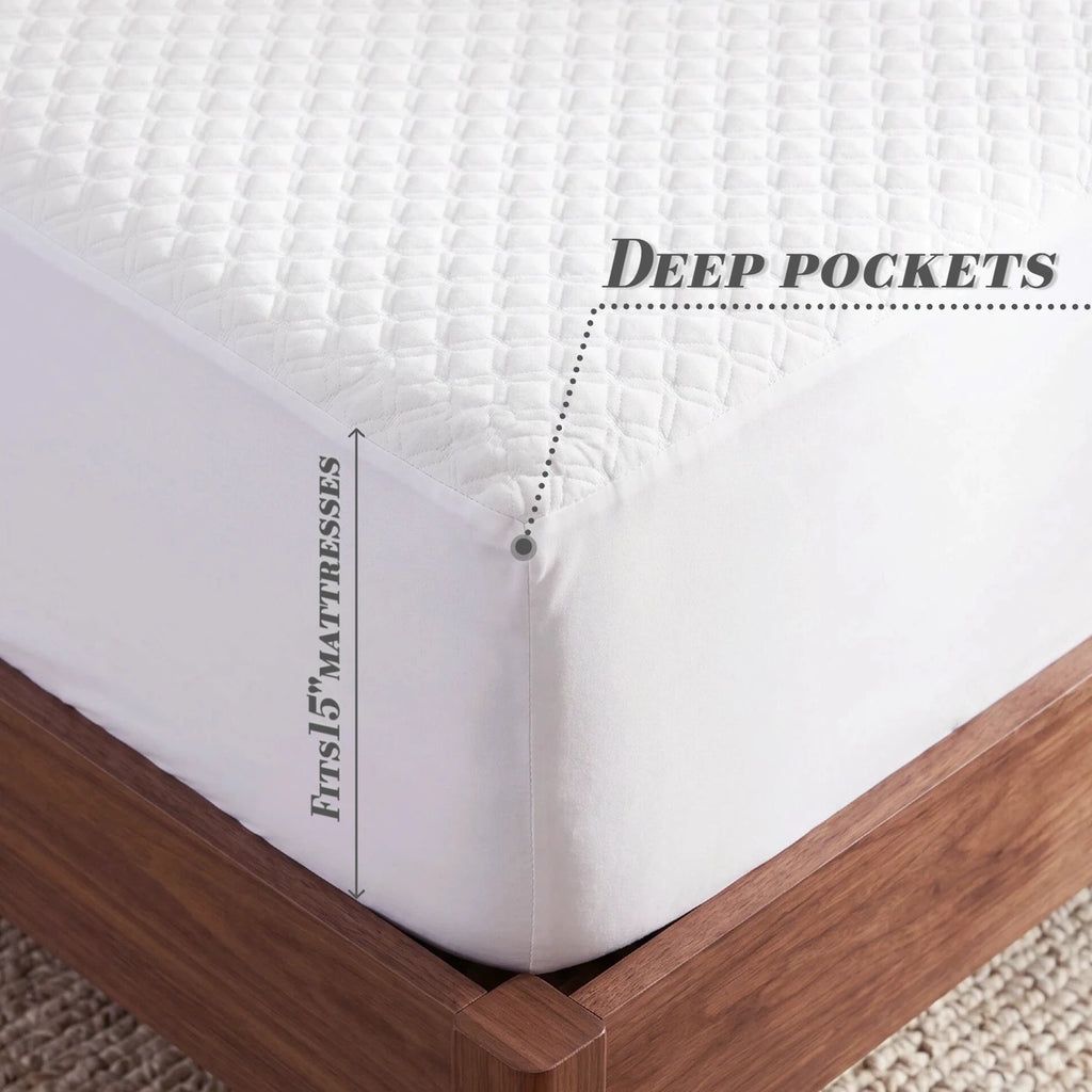 Solid Waterproof Fitted Sheet 15 Inch Deep Pocket Ultra Soft Elastic Bed Mattress Protector Cover Wrinkle‑Resistant Bed For Standard Size Beds