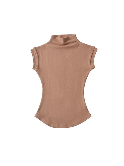 Women's Turtleneck Sleeveless T-Shirt — Solid Slim Fit Casual Streetwear Tee