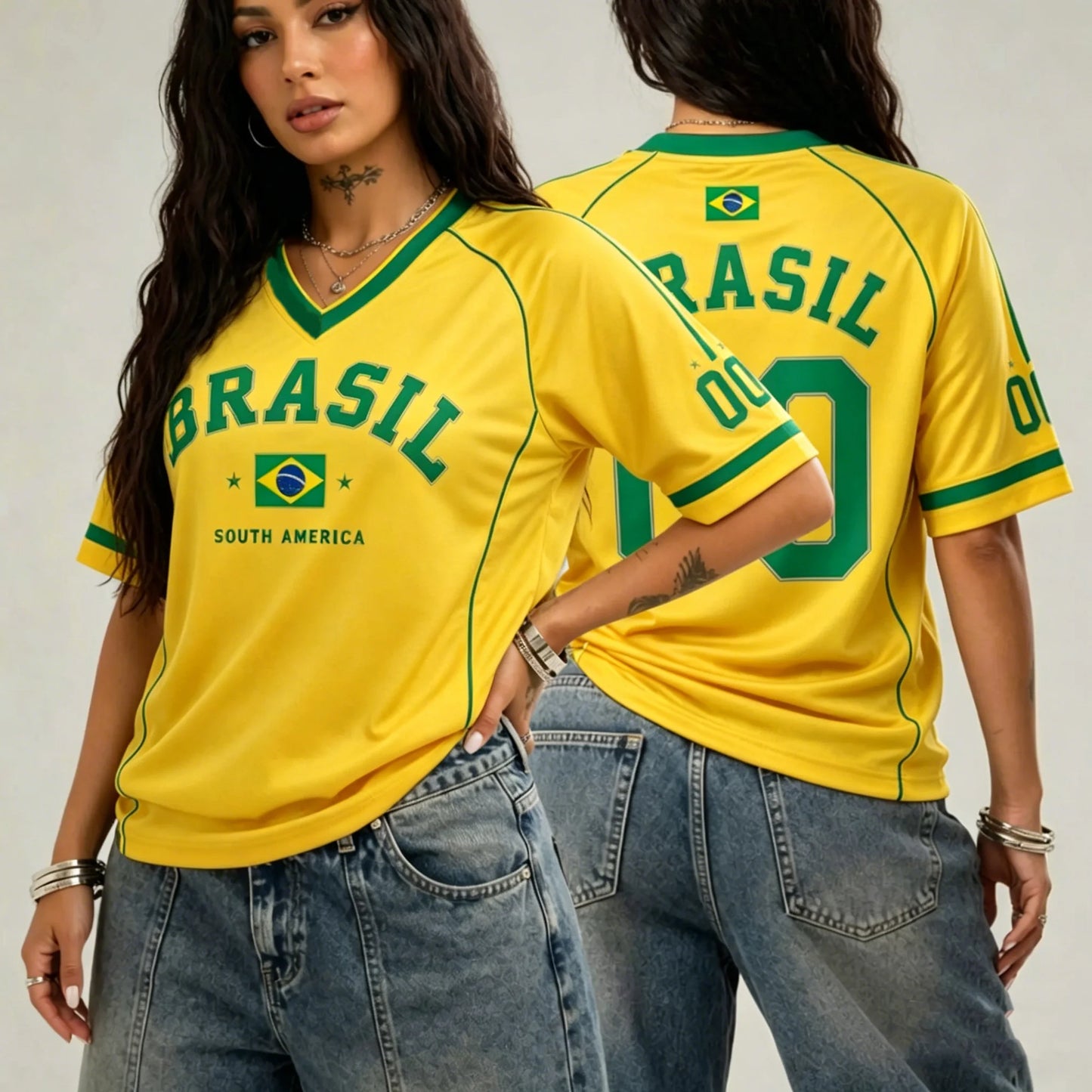 Women's Brazil Print V-Neck Sport T-Shirt — Plus Size Short Sleeve Jersey